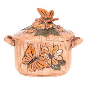 1975 Vintage Handmade Ceramic Soup Tureen with Flowers & Butterflies